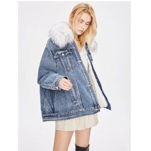 JAZZEVAR Drop Shoulder Fuzzy Collar Down Denim